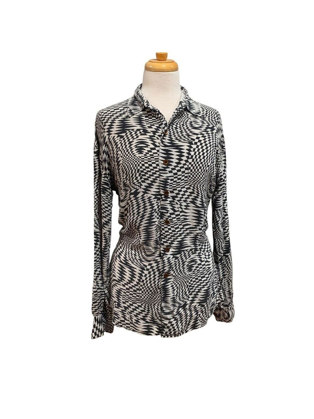 Vntg silk Pat Argenti psychedelic Black and White Button Down Shirt sz 6